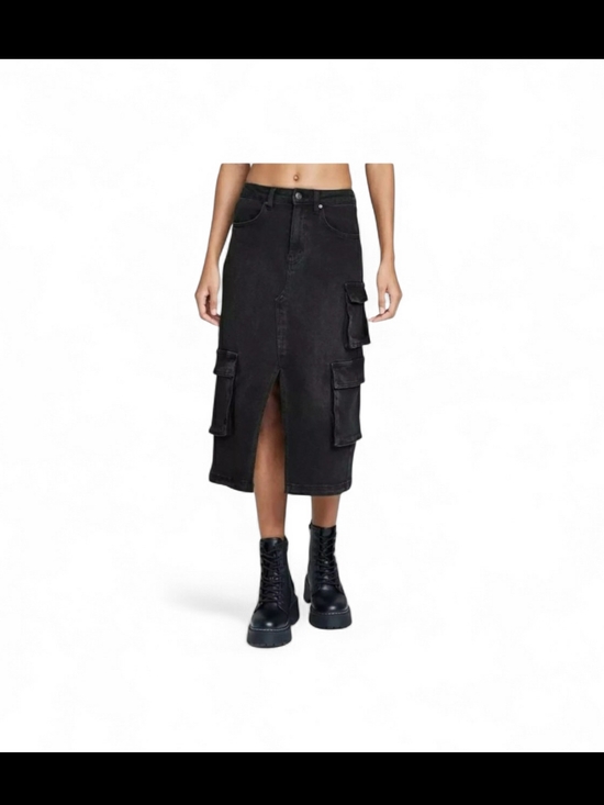 Cider Denim - Cider Size 4x 24/26 Distressed Black Cargo Midi Skirt with Front Slit